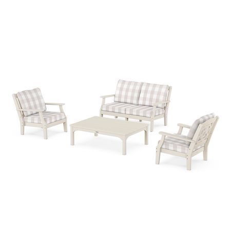 Chinoiserie 4-Piece Deep Seating Set with Loveseat in Sand / Buffalo Plaid Dune Burlap