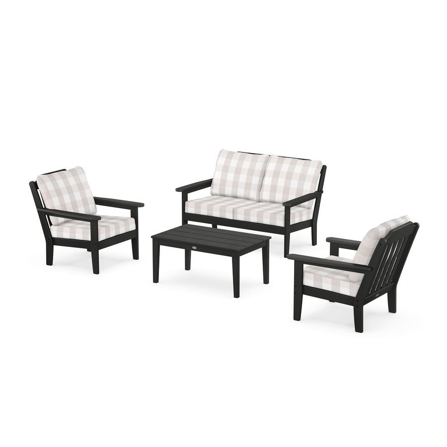 POLYWOOD Country Living 4-Piece Deep Seating Set with Loveseat in Black / Buffalo Plaid Dune Burlap