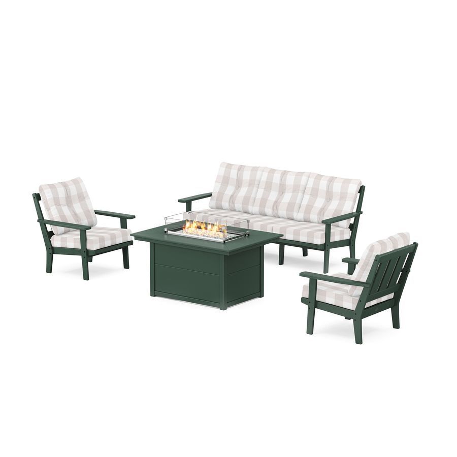 POLYWOOD Oxford Deep Seating Fire Pit Table Set in Green / Buffalo Plaid Dune Burlap