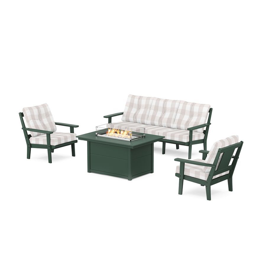 POLYWOOD Prairie Deep Seating Fire Pit Table Set in Green / Buffalo Plaid Dune Burlap