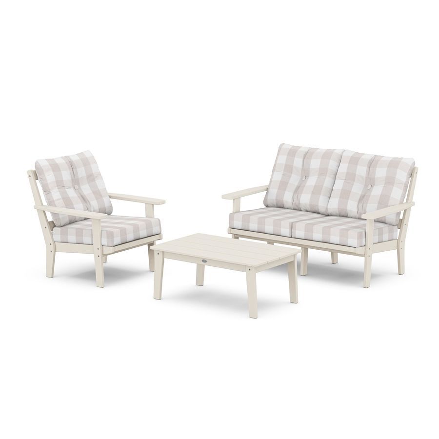 POLYWOOD Oxford 3-Piece Deep Seating Set with Loveseat in Sand / Buffalo Plaid Dune Burlap