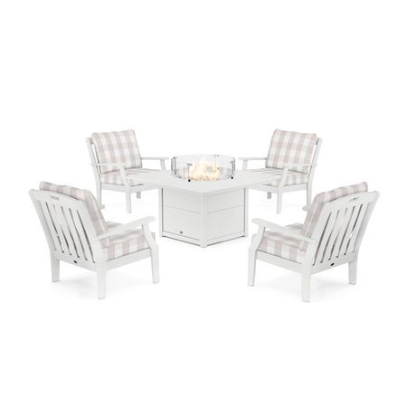 POLYWOOD Yacht Club 5-Piece Deep Seating Set with Square Fire Pit Table in Classic White / Buffalo Plaid Dune Burlap