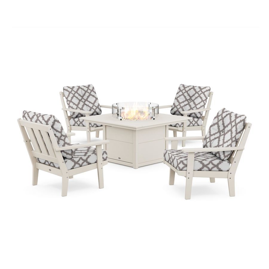 POLYWOOD Oxford 5-Piece Deep Seating Set with Fire Pit Table in Sand / Trellis Grey Mist
