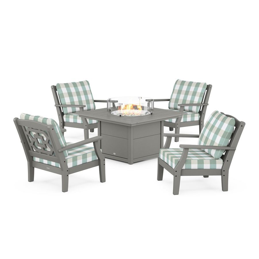 POLYWOOD Chinoiserie 5-Piece Deep Seating Set with Fire Pit Table in Slate Grey / Buffalo Plaid Glacier Spa