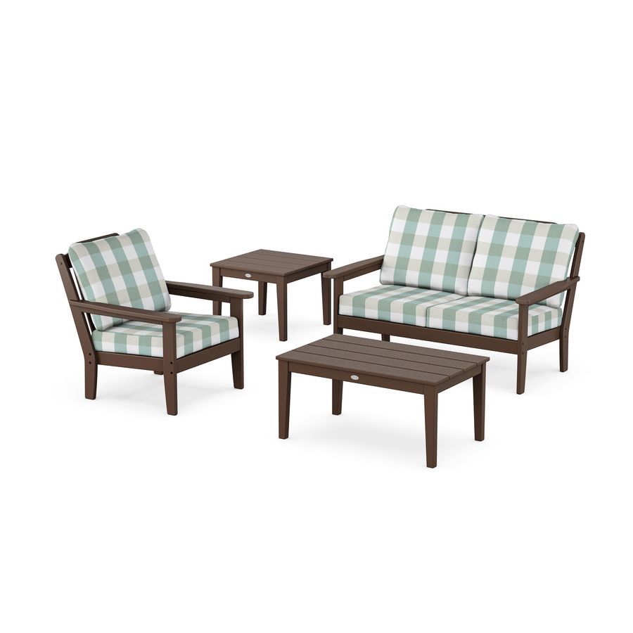 POLYWOOD Wovendale 4-Piece Deep Seating Set in Mahogany / Buffalo Plaid Glacier Spa