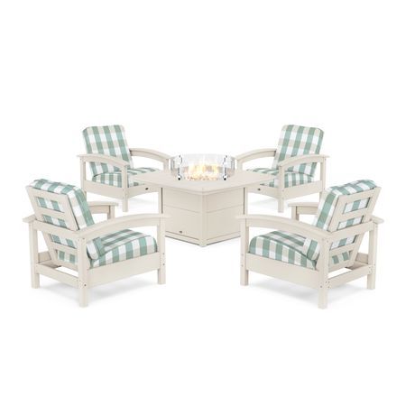 POLYWOOD Rockport 5-Piece Deep Seating Set with Yacht Club Fire Pit Table in Sand Castle / Buffalo Plaid Glacier Spa