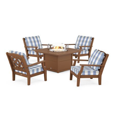 Chinoiserie 5-Piece Deep Seating Set with Fire Pit Table in Teak / Buffalo Plaid Sky Blue