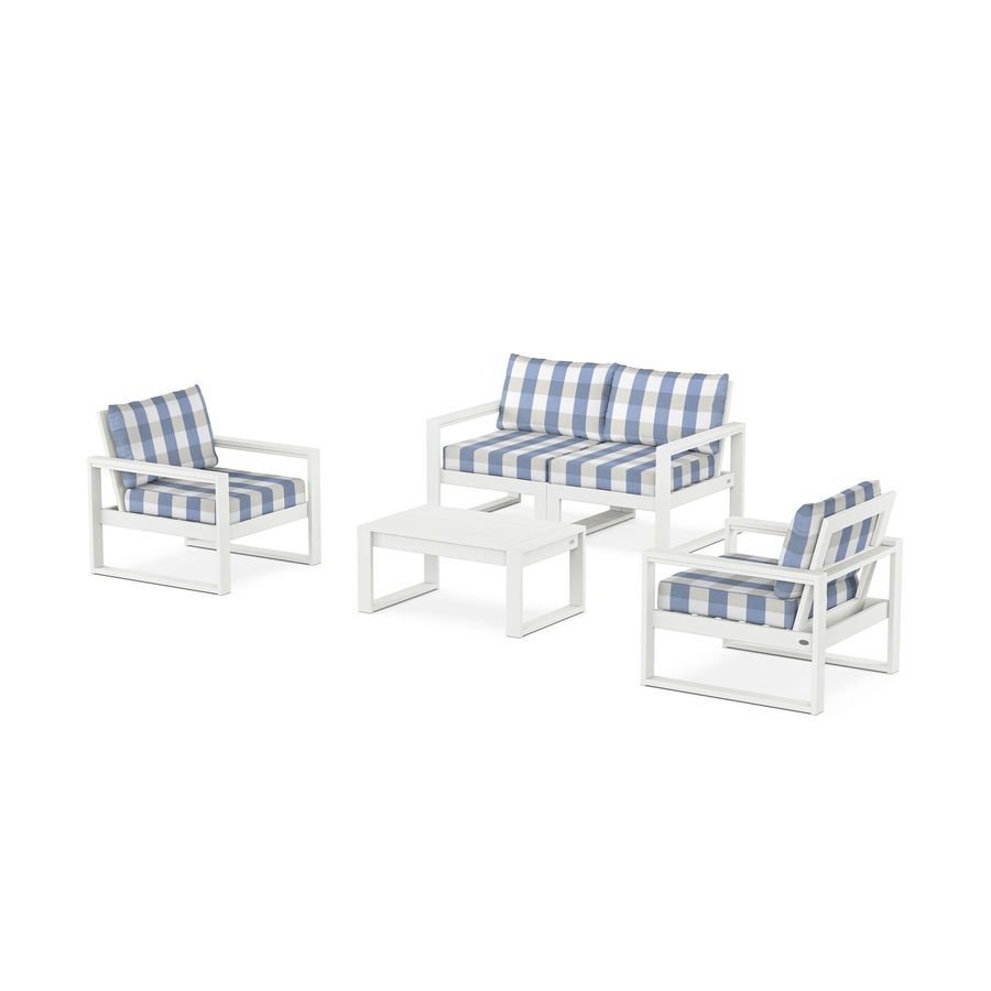 POLYWOOD EDGE Sectional 4-Piece Deep Seating Set with Loveseat in Vintage White / Buffalo Plaid Sky Blue