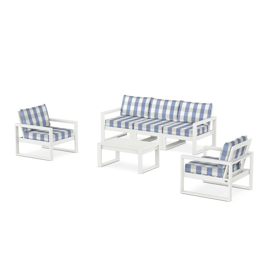 POLYWOOD EDGE Sectional 4-Piece Deep Seating Set with Sofa in Vintage White / Buffalo Plaid Sky Blue