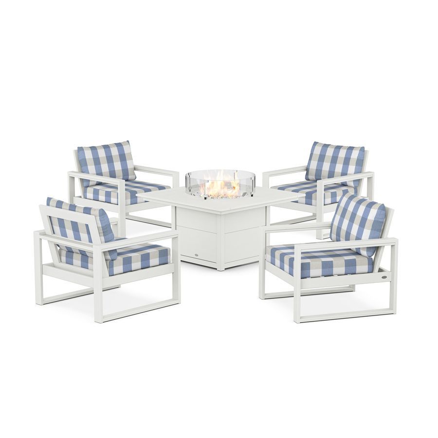 POLYWOOD EDGE Sectional 5-Piece Deep Seating Set with Fire Pit Table in Vintage White / Buffalo Plaid Sky Blue