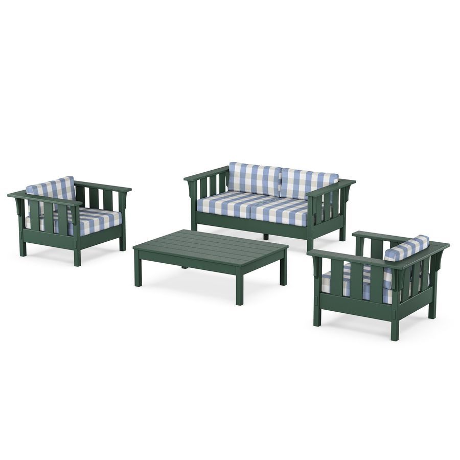 POLYWOOD Acadia 4-Piece Deep Seating Set with Loveseat in Green / Buffalo Plaid Sky Blue