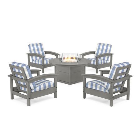 POLYWOOD Rockport 5-Piece Deep Seating Set with Round Fire Pit Table in Stepping Stone / Buffalo Plaid Sky Blue