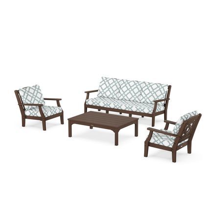 Chinoiserie 4-Piece Deep Seating Set with Sofa in Mahogany / Trellis Glacier Spa