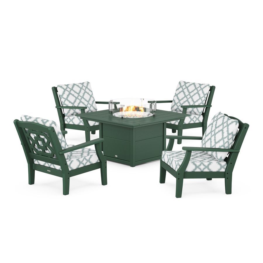 POLYWOOD Chinoiserie 5-Piece Deep Seating Set with Fire Pit Table in Green / Trellis Glacier Spa