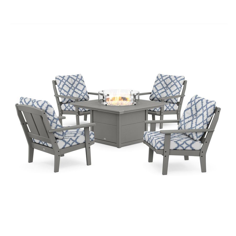 POLYWOOD Mission 5-Piece Deep Seating Set with Fire Pit Table in Slate Grey / Trellis Sky Blue