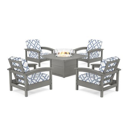 POLYWOOD Rockport 5-Piece Deep Seating Set with Yacht Club Fire Pit Table in Stepping Stone / Trellis Sky Blue