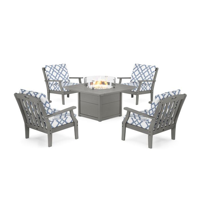 POLYWOOD Yacht Club 5-Piece Deep Seating Set with Square Fire Pit Table