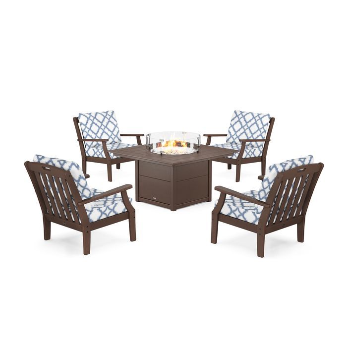 POLYWOOD Yacht Club 5-Piece Deep Seating Set with Square Fire Pit Table
