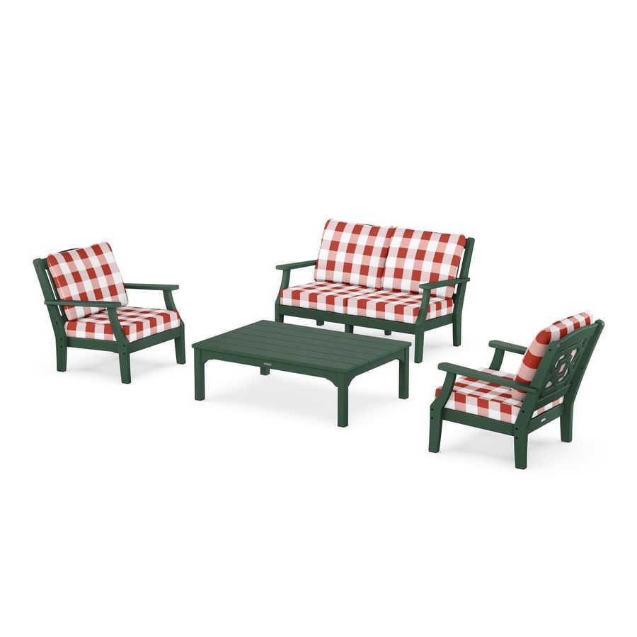 POLYWOOD Chinoiserie 4-Piece Deep Seating Set with Loveseat in Green / Buffalo Plaid Crimson