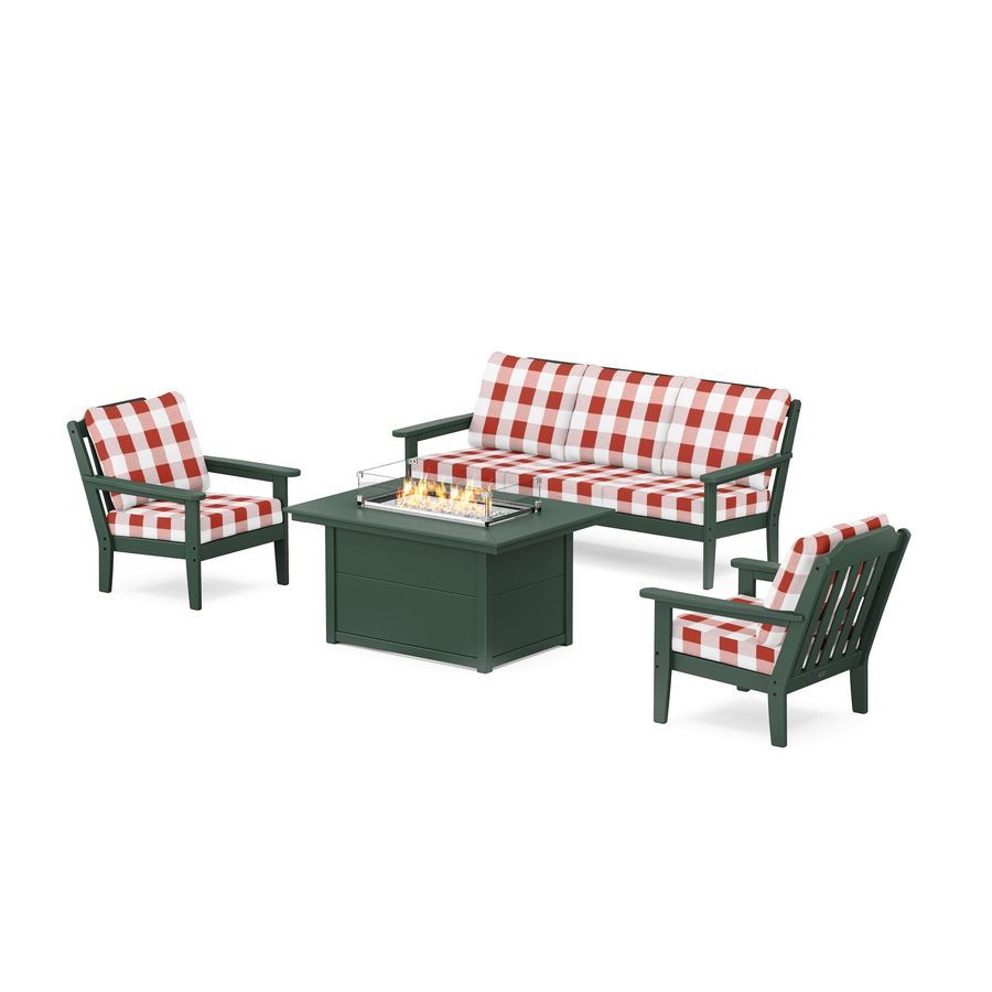 POLYWOOD Country Living Deep Seating Fire Pit Table Set in Green / Buffalo Plaid Crimson
