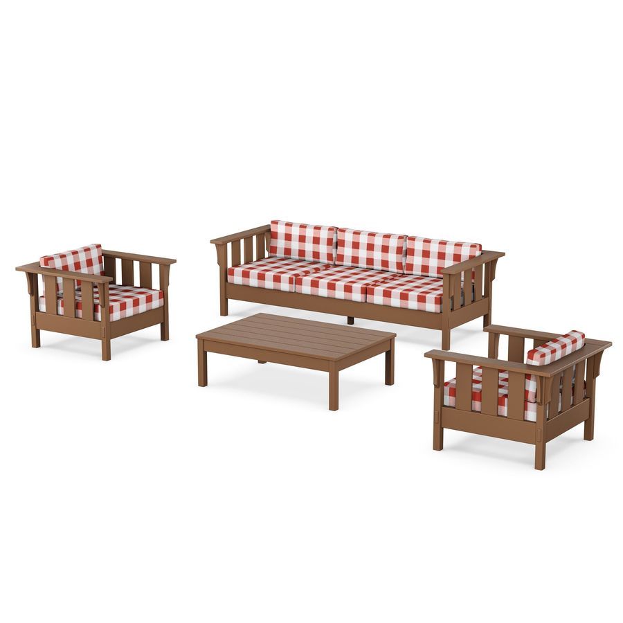 POLYWOOD Acadia 4-Piece Deep Seating Set with Sofa in Teak / Buffalo Plaid Crimson