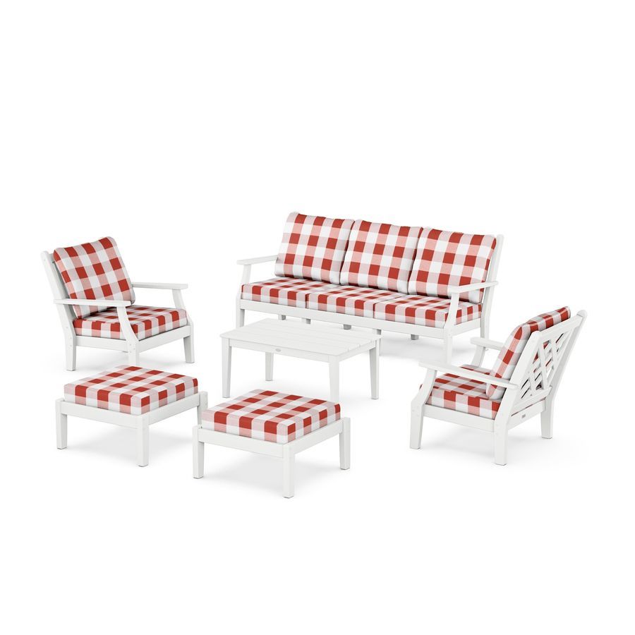 POLYWOOD Wovendale 6-Piece Lounge Sofa Set in White / Buffalo Plaid Crimson