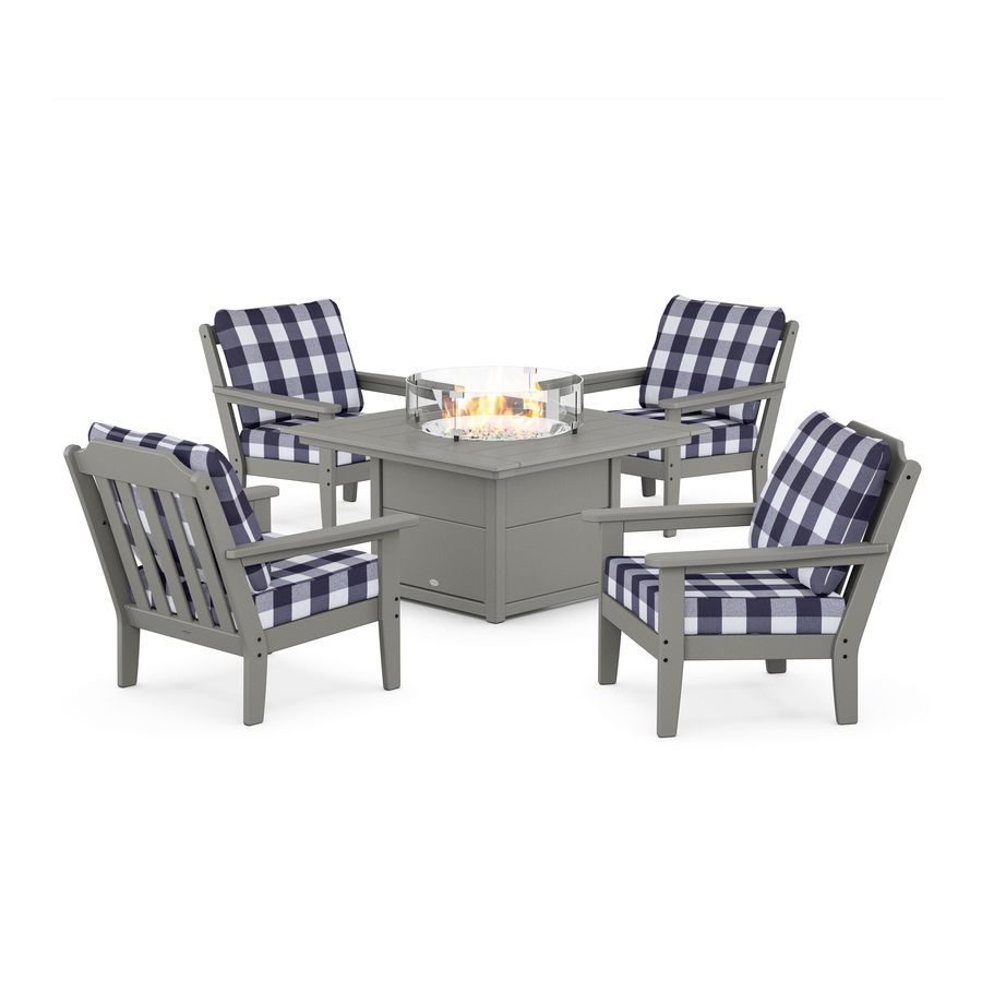 POLYWOOD Country Living 5-Piece Deep Seating Set with Fire Pit Table in Slate Grey / Buffalo Plaid Navy
