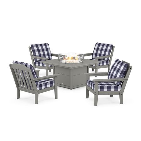 Country Living 5-Piece Deep Seating Set with Fire Pit Table in Slate Grey / Buffalo Plaid Navy