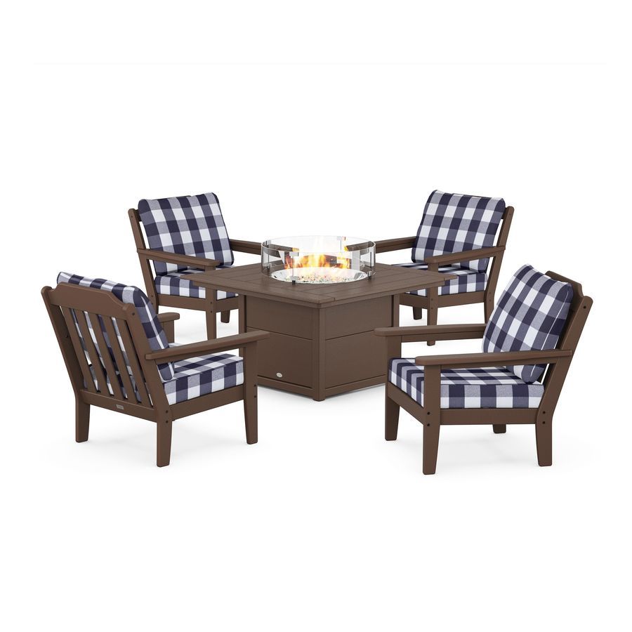 POLYWOOD Country Living 5-Piece Deep Seating Set with Fire Pit Table in Mahogany / Buffalo Plaid Navy