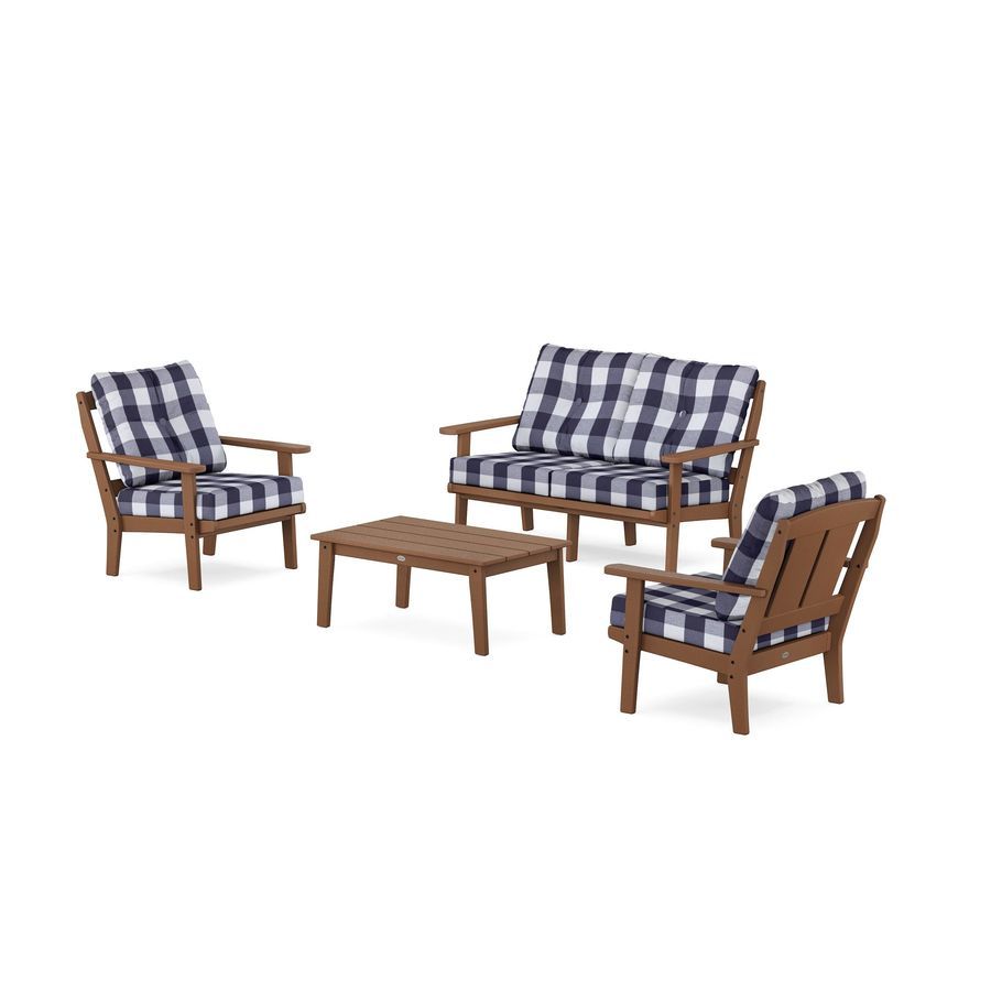 POLYWOOD Mission 4-Piece Deep Seating Set with Loveseat in Teak / Buffalo Plaid Navy