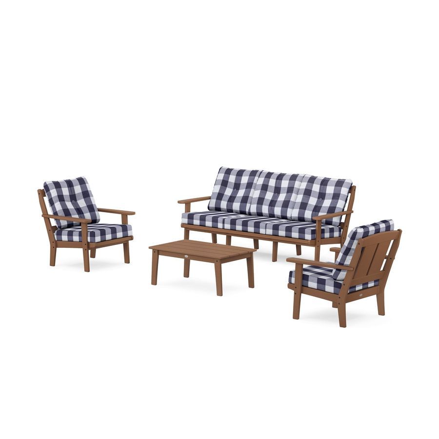 POLYWOOD Mission 4-Piece Deep Seating Set with Sofa in Teak / Buffalo Plaid Navy
