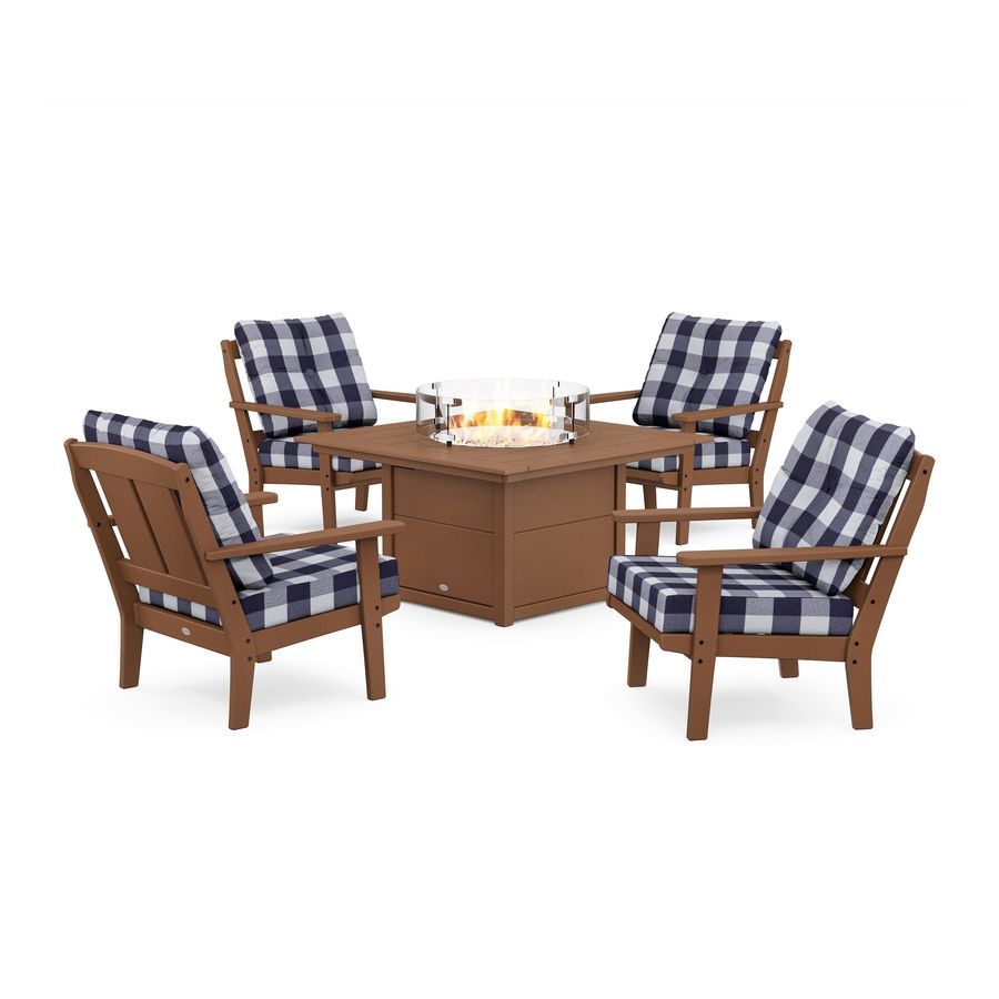 POLYWOOD Mission 5-Piece Deep Seating Set with Fire Pit Table in Teak / Buffalo Plaid Navy