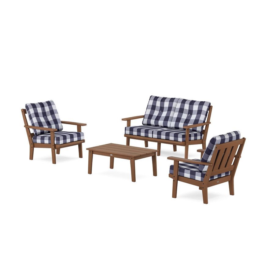 POLYWOOD Oxford 4-Piece Deep Seating Set with Loveseat in Teak / Buffalo Plaid Navy