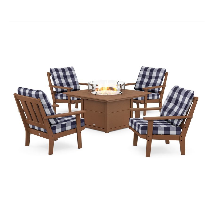 POLYWOOD Oxford 5-Piece Deep Seating Set with Fire Pit Table in Teak / Buffalo Plaid Navy