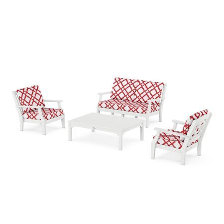 Chinoiserie 4-Piece Deep Seating Set with Loveseat in White / Trellis Crimson