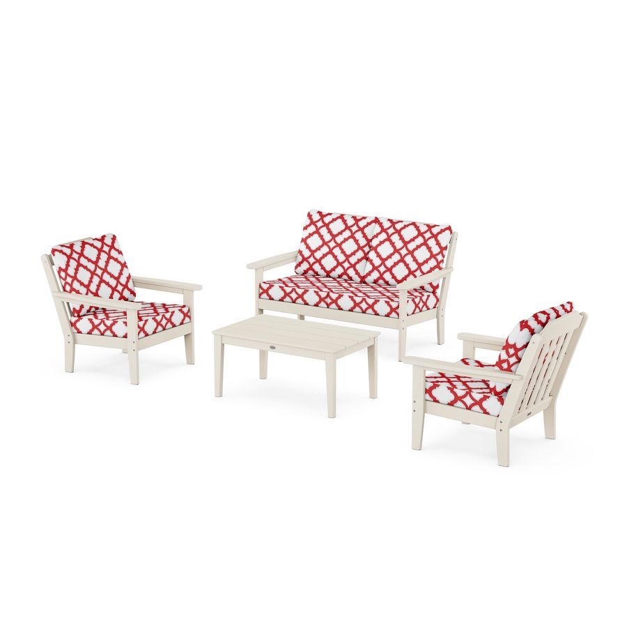 POLYWOOD Country Living 4-Piece Deep Seating Set with Loveseat in Sand / Trellis Crimson