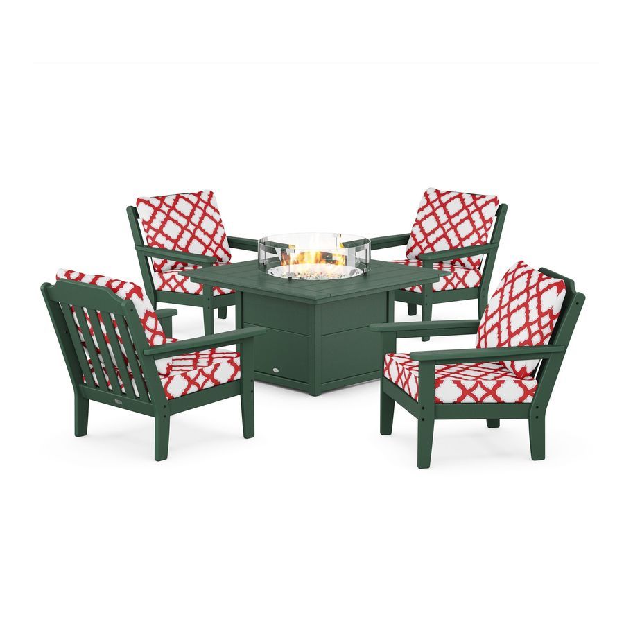 POLYWOOD Country Living 5-Piece Deep Seating Set with Fire Pit Table in Green / Trellis Crimson