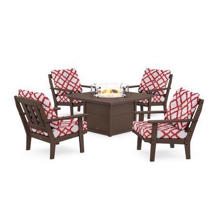 POLYWOOD Cape Cod 5-Piece Deep Seating Set with Fire Pit Table in Vintage Lantern / Trellis Crimson