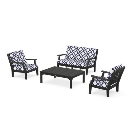 POLYWOOD Chinoiserie 4-Piece Deep Seating Set with Loveseat in Black / Trellis Navy