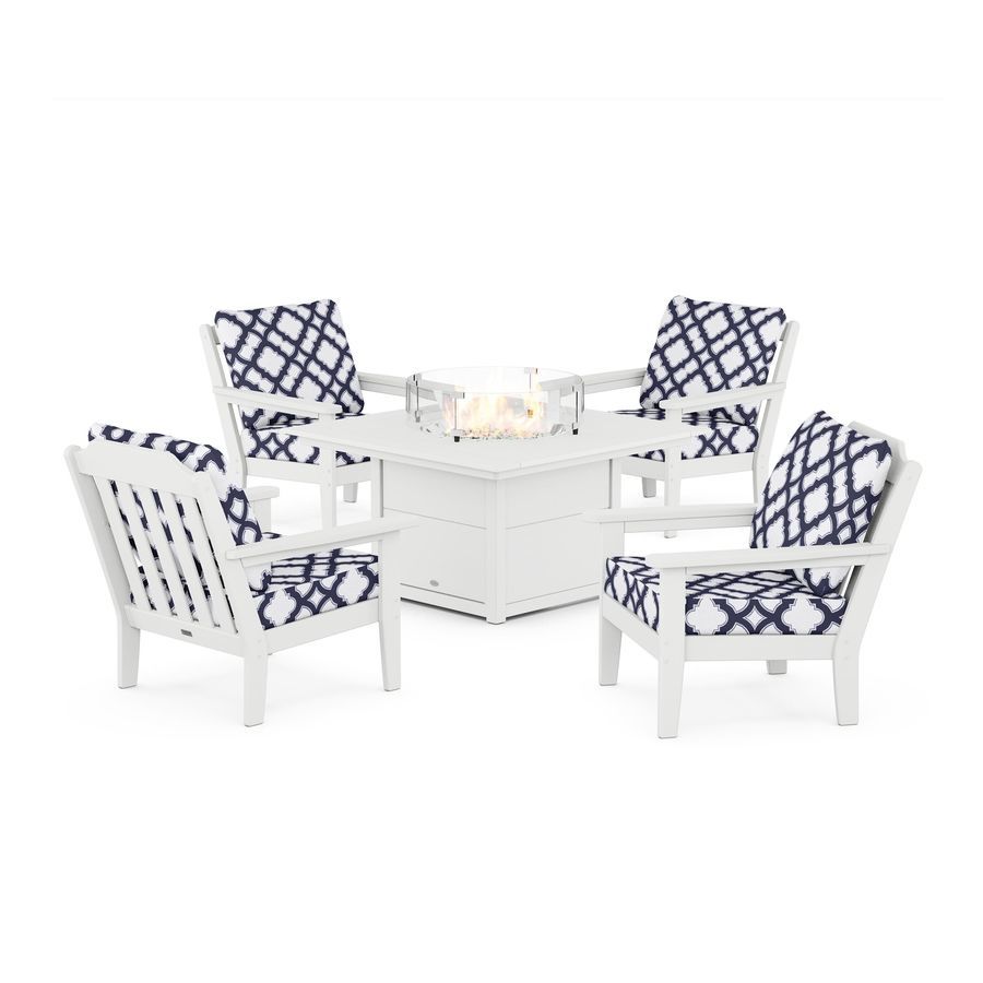 POLYWOOD Country Living 5-Piece Deep Seating Set with Fire Pit Table in White / Trellis Navy