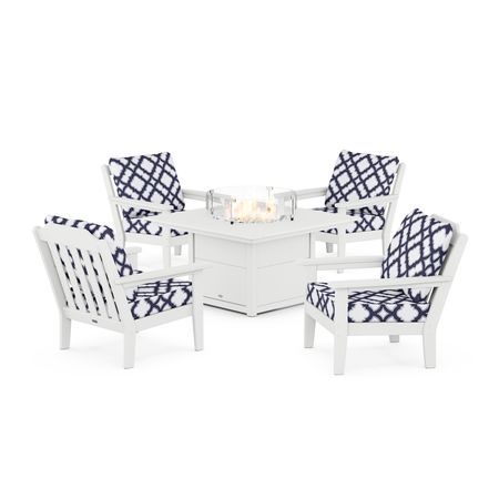 Country Living 5-Piece Deep Seating Set with Fire Pit Table in White / Trellis Navy