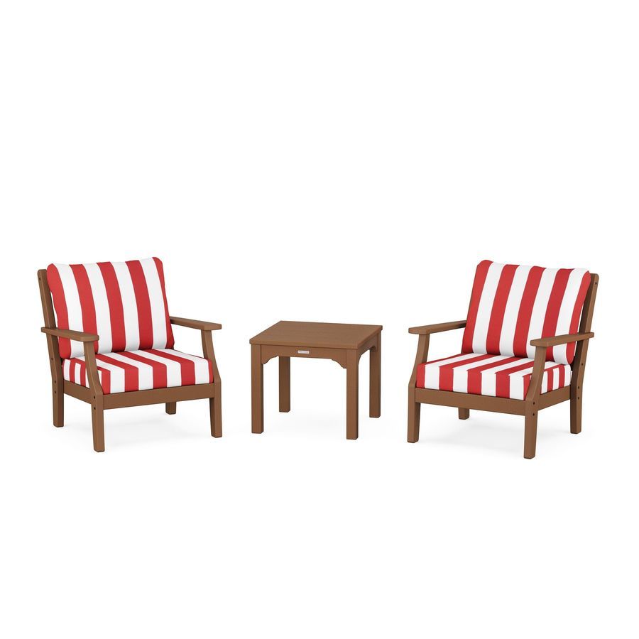 POLYWOOD Chinoiserie 3-Piece Deep Seating Set in Teak / Cabana Stripe Crimson