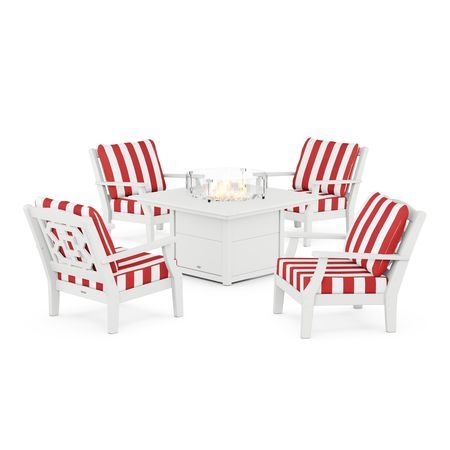 Chinoiserie 5-Piece Deep Seating Set with Fire Pit Table in White / Cabana Stripe Crimson