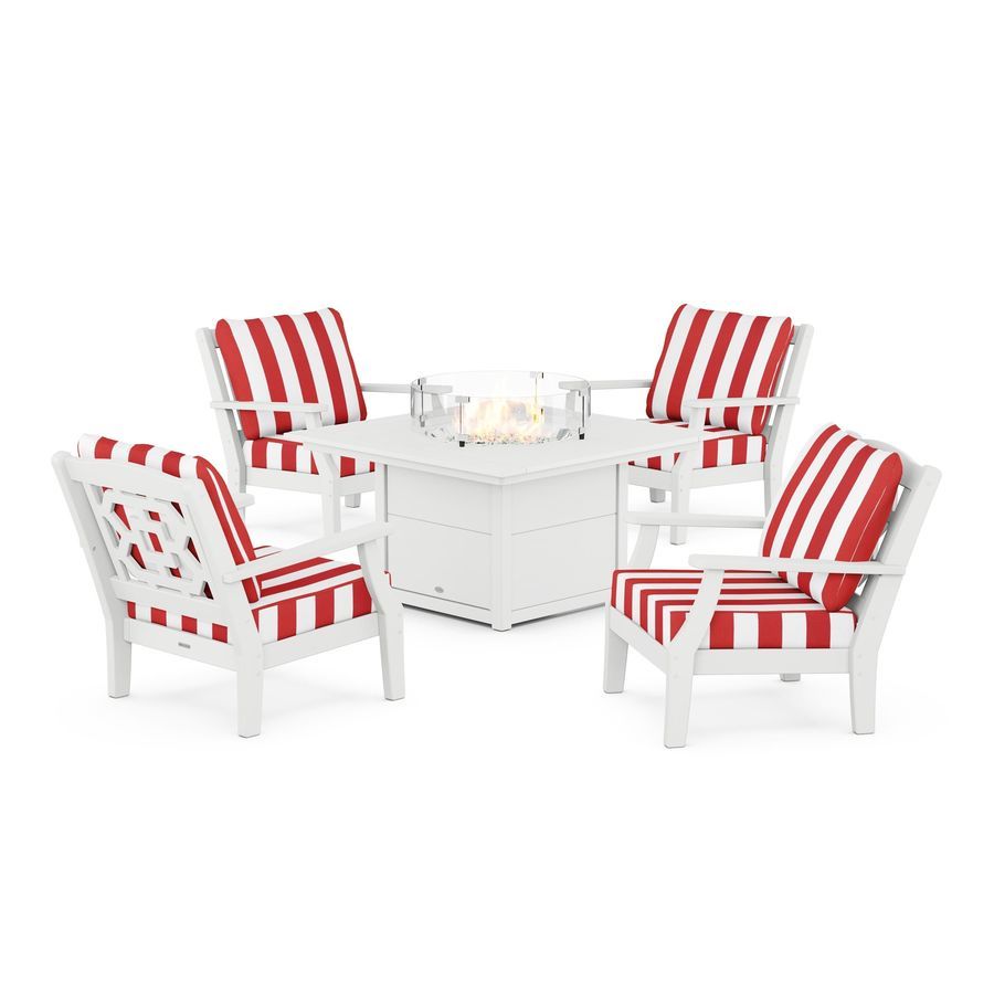 POLYWOOD Chinoiserie 5-Piece Deep Seating Set with Fire Pit Table in White / Cabana Stripe Crimson