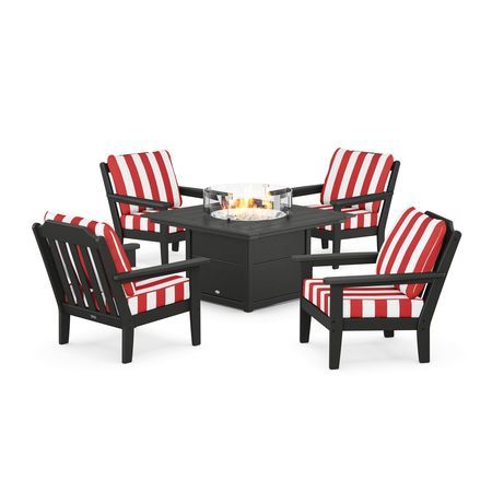 POLYWOOD Country Living 5-Piece Deep Seating Set with Fire Pit Table in Black / Cabana Stripe Crimson