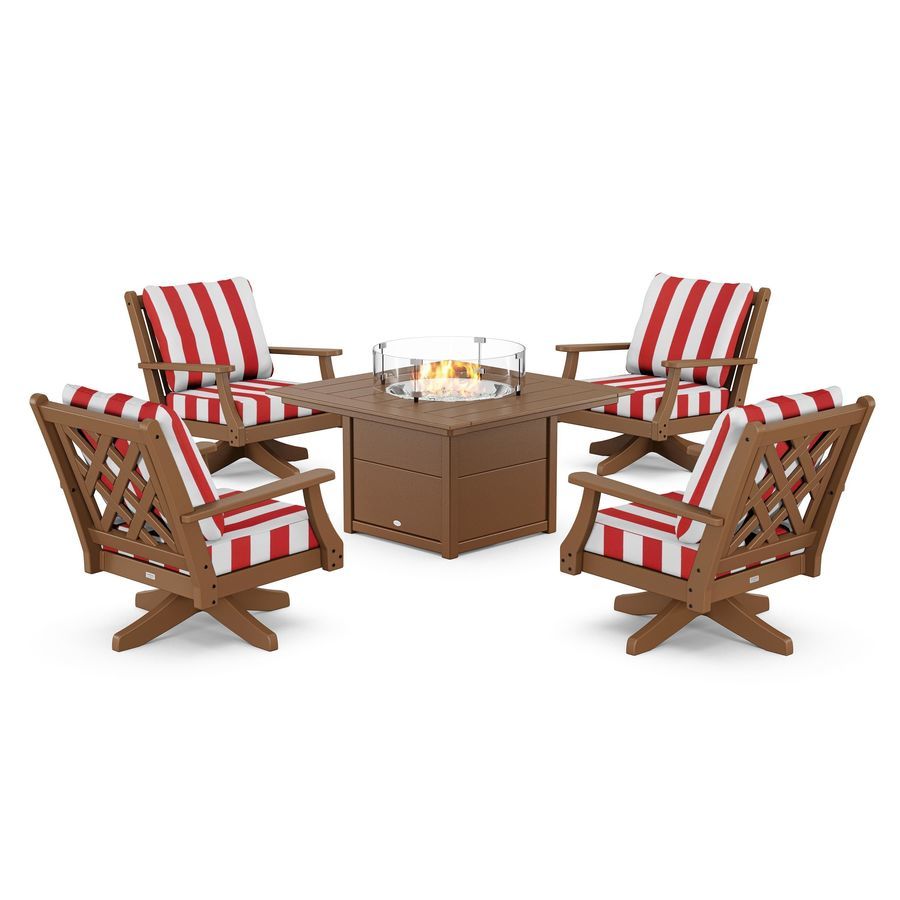 POLYWOOD Wovendale 5-Piece Deep Seating Swivel Conversation Set with Fire Pit Table in Teak / Cabana Stripe Crimson