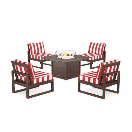 POLYWOOD Eastport Modular 5-Piece Deep Seating Set with Square Fire Pit Table in Vintage Lantern / Cabana Stripe Crimson