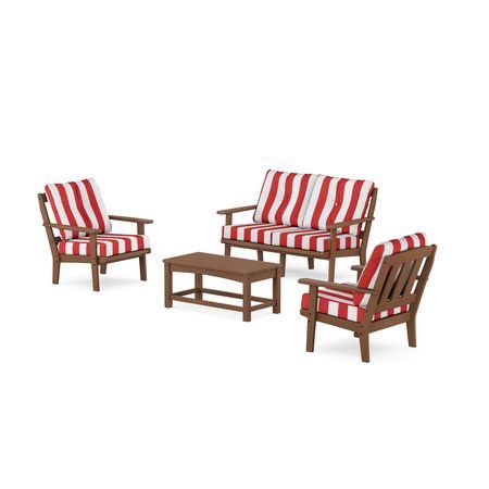 POLYWOOD Cape Cod 4-Piece Deep Seating Set with Loveseat in Tree House / Cabana Stripe Crimson