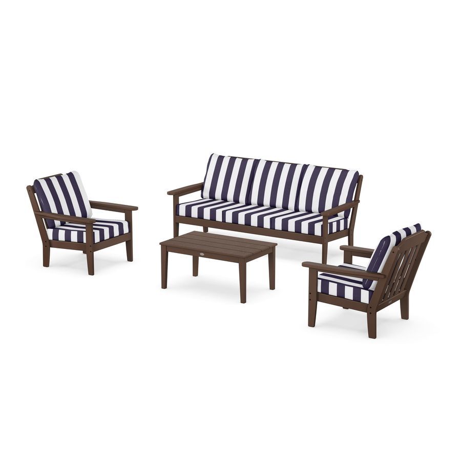 POLYWOOD Country Living 4-Piece Deep Seating Set with Sofa in Mahogany / Cabana Stripe Navy