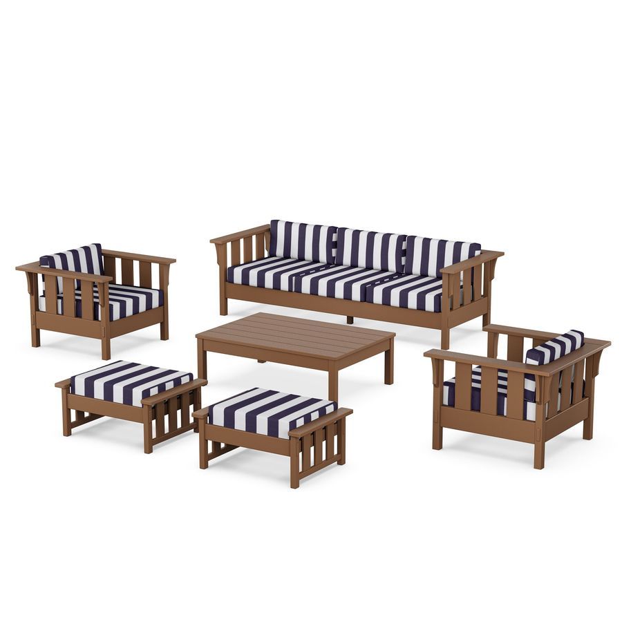 POLYWOOD Acadia 6-Piece Lounge Sofa Set in Teak / Cabana Stripe Navy